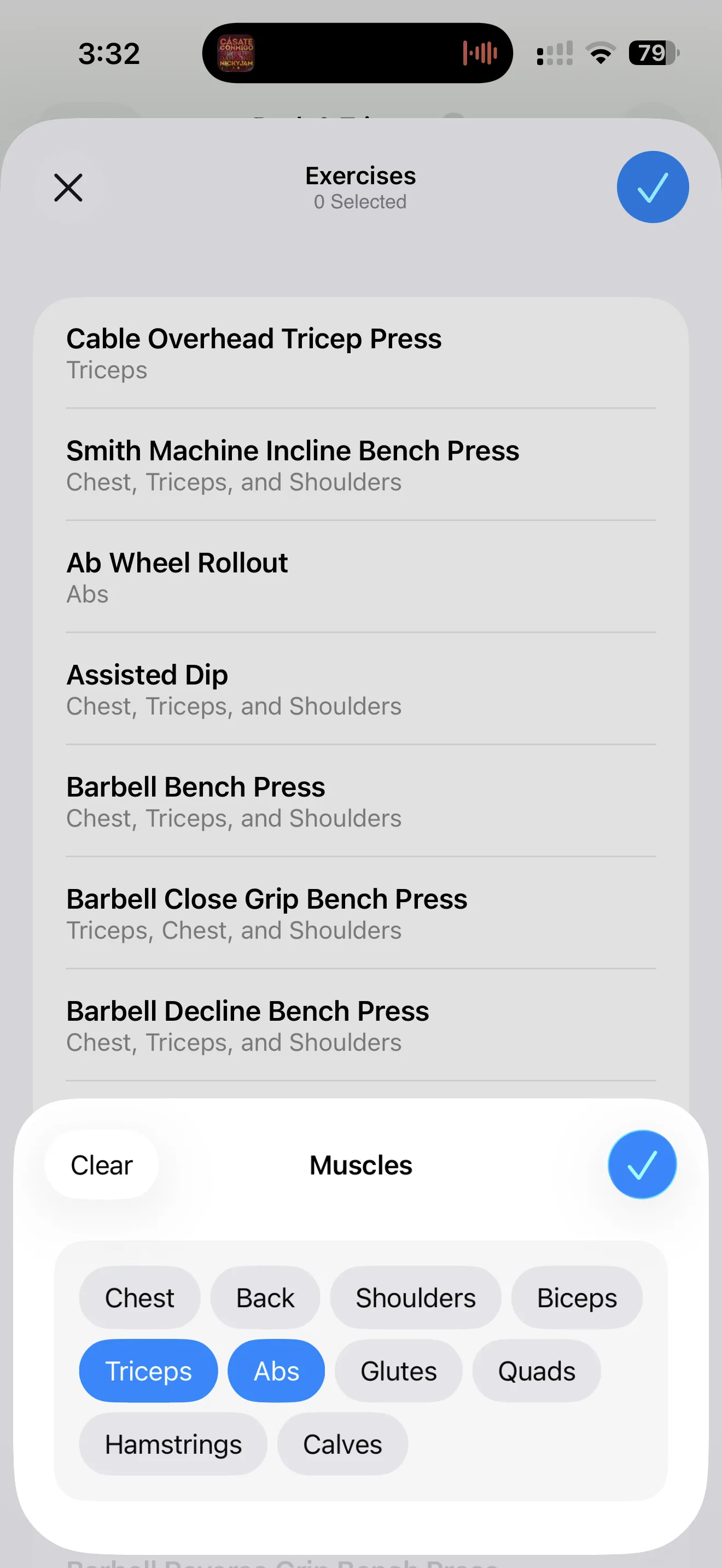 Exercise selection with major and minor muscle filtering