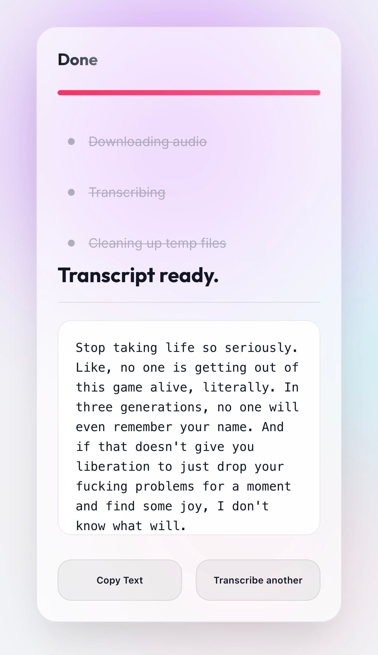 TranscribingApp results screen in light mode