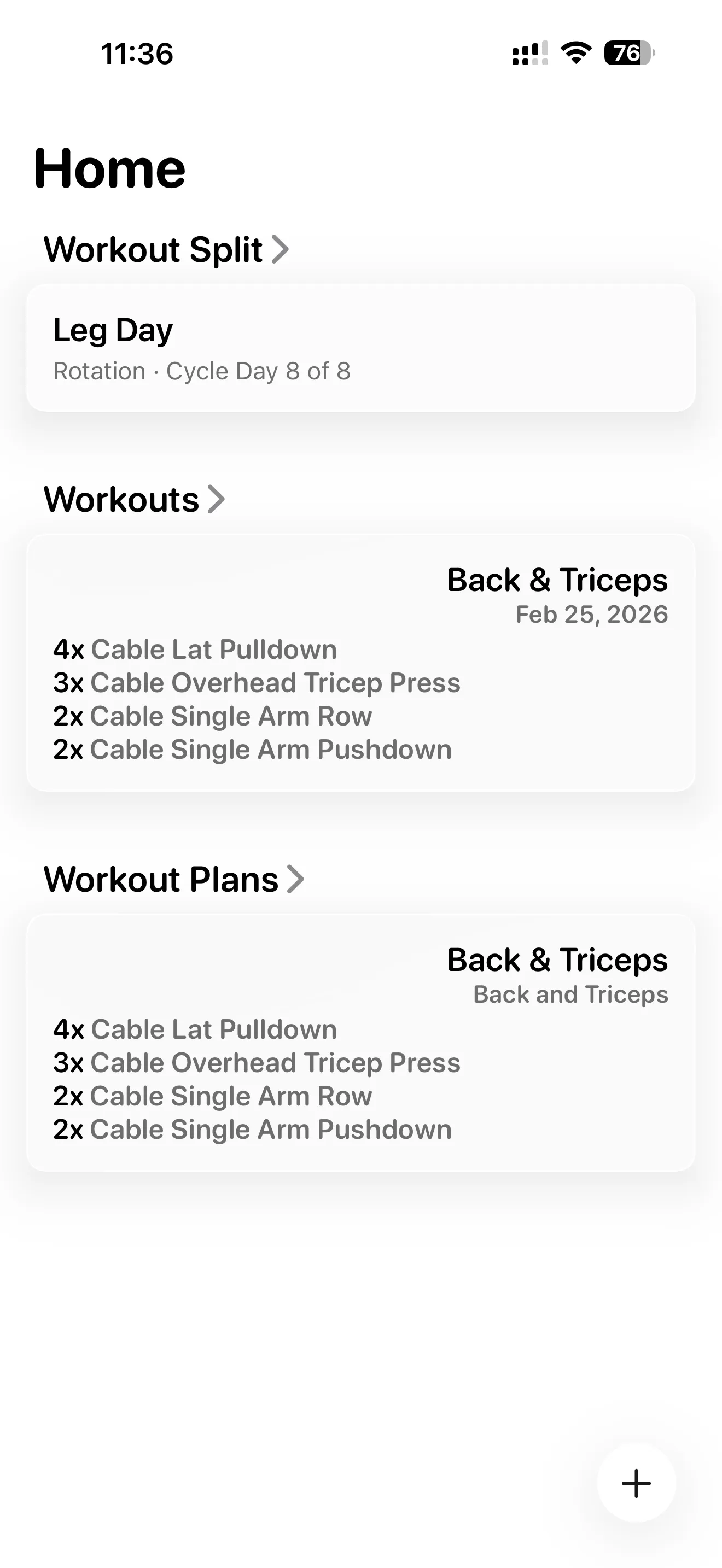 Villain Arc home view with split status, latest workout, and latest workout plan