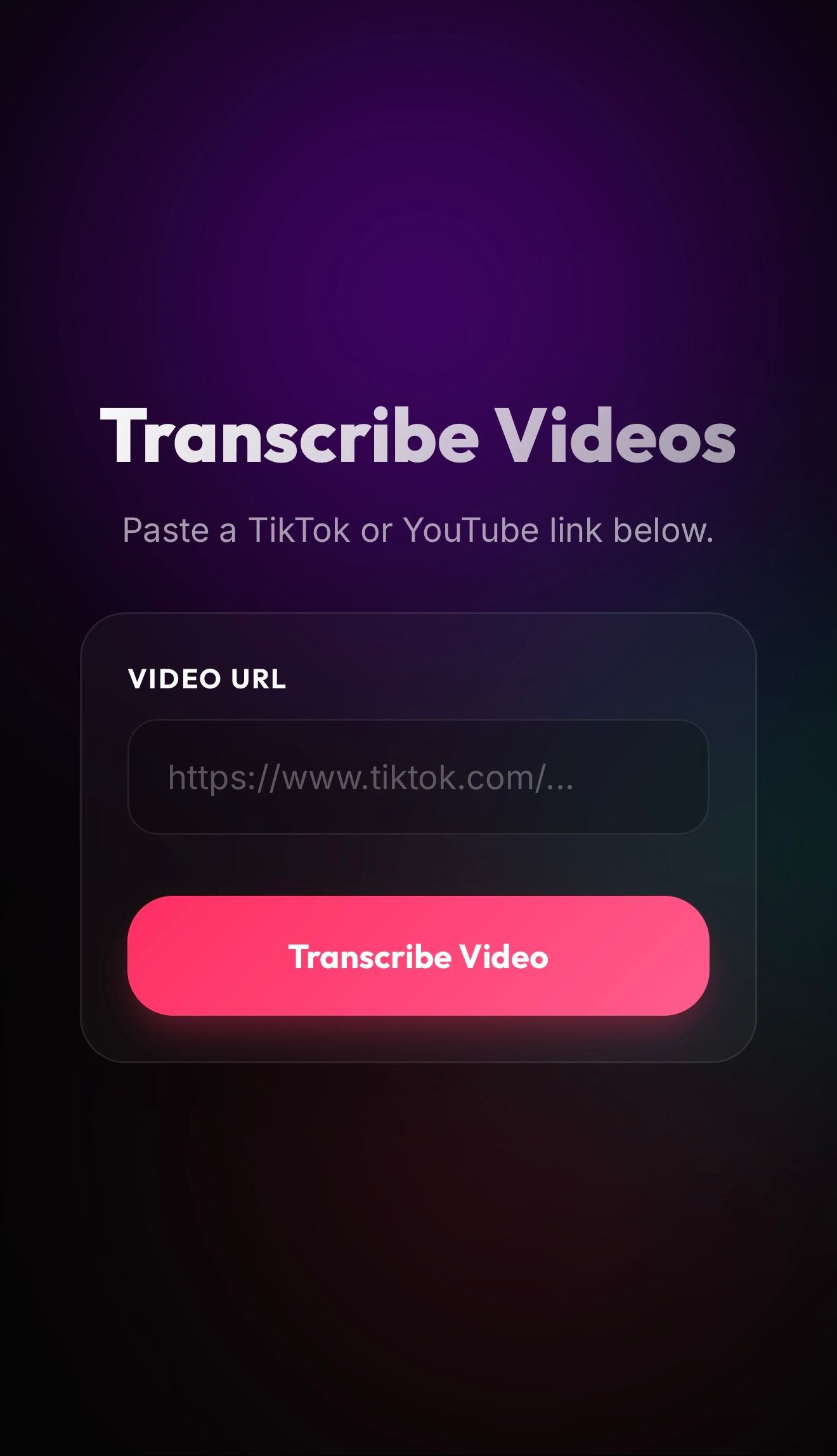 TranscribingApp landing screen in dark mode