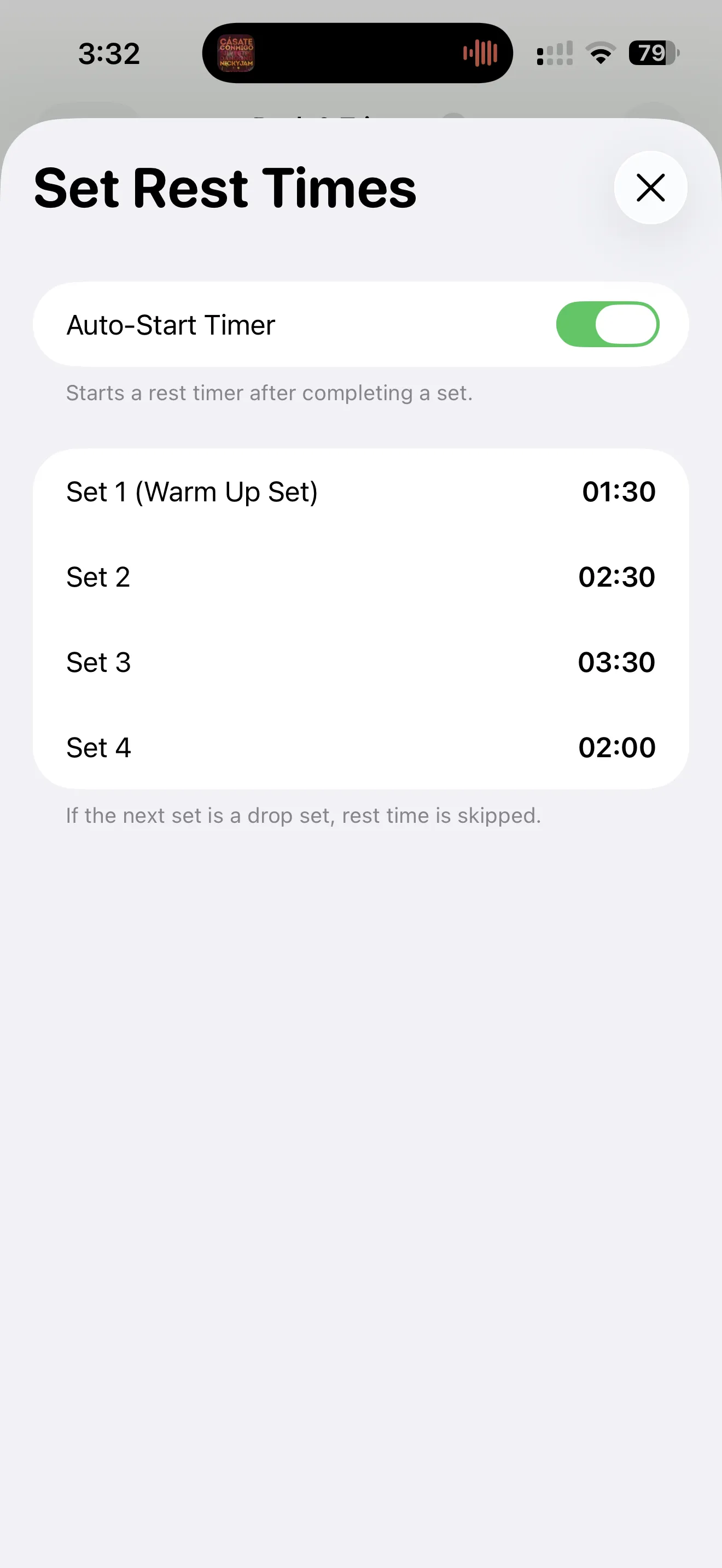 Set-level rest time policy editor for workout prescriptions