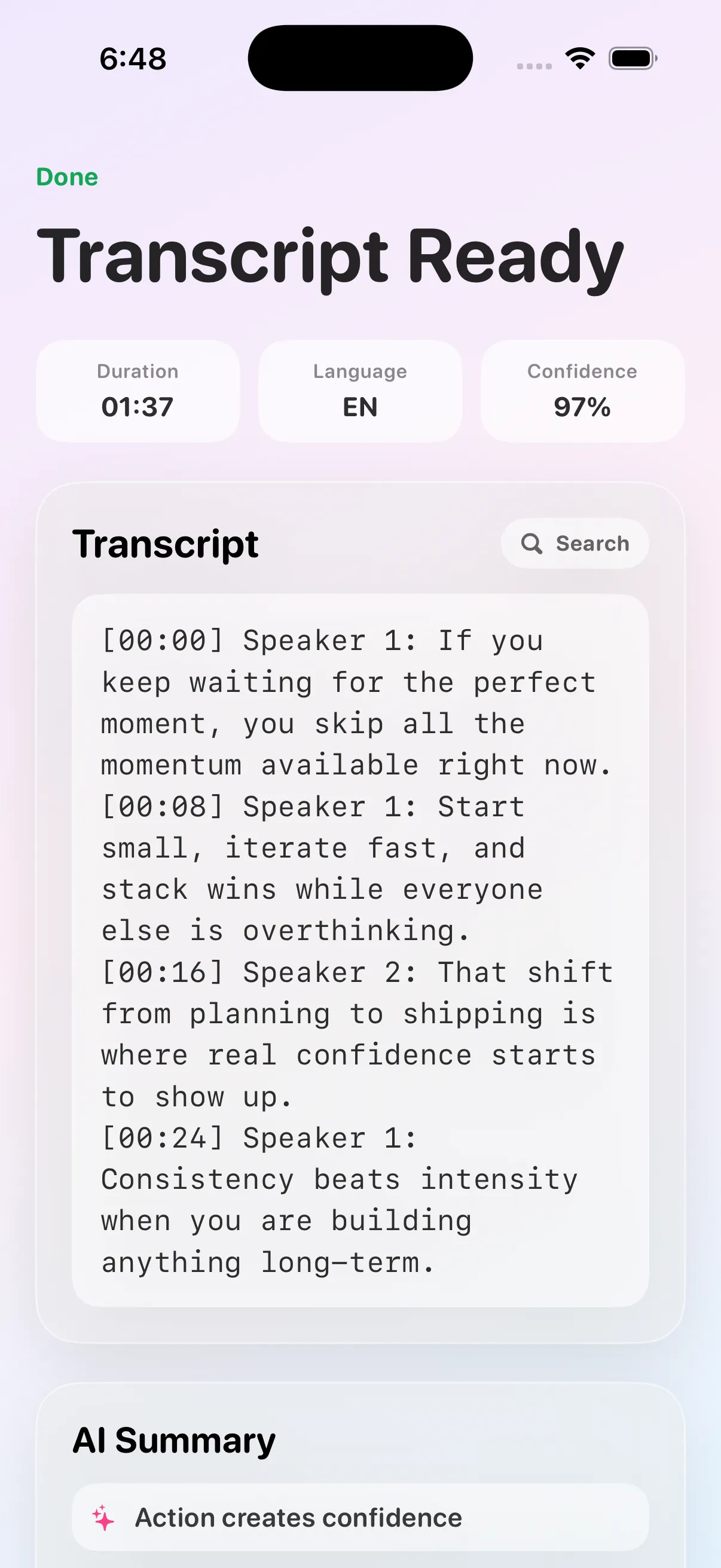 Transcribing App completed transcript output view