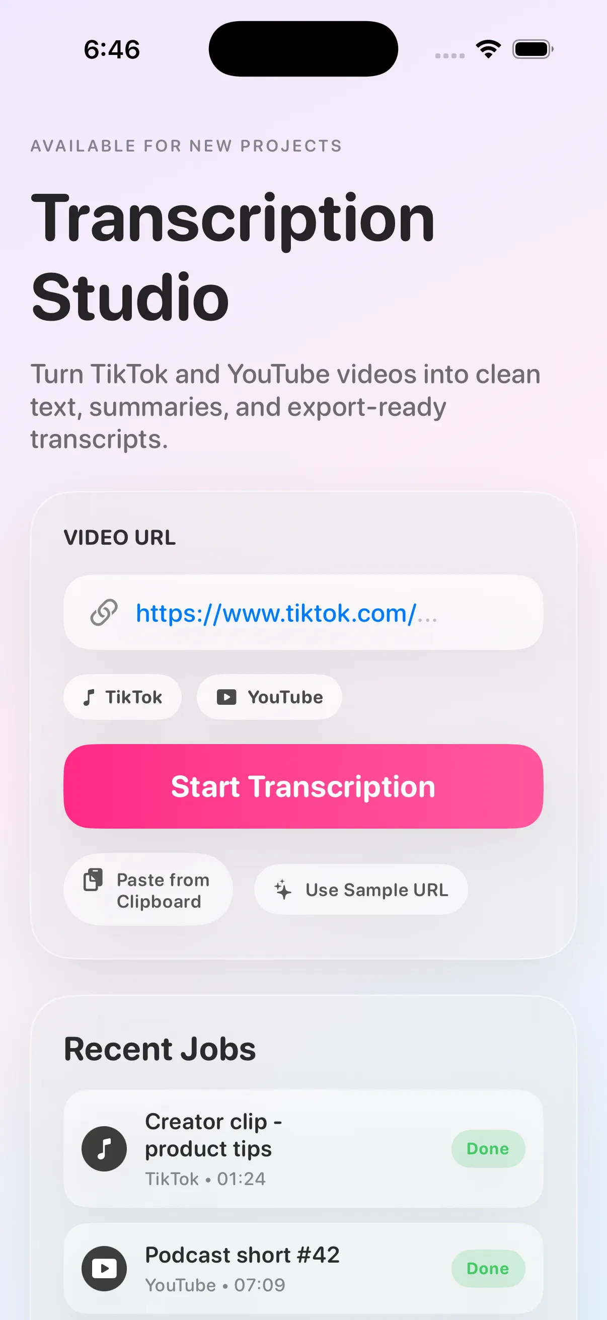 Transcribing App home screen with video URL submission