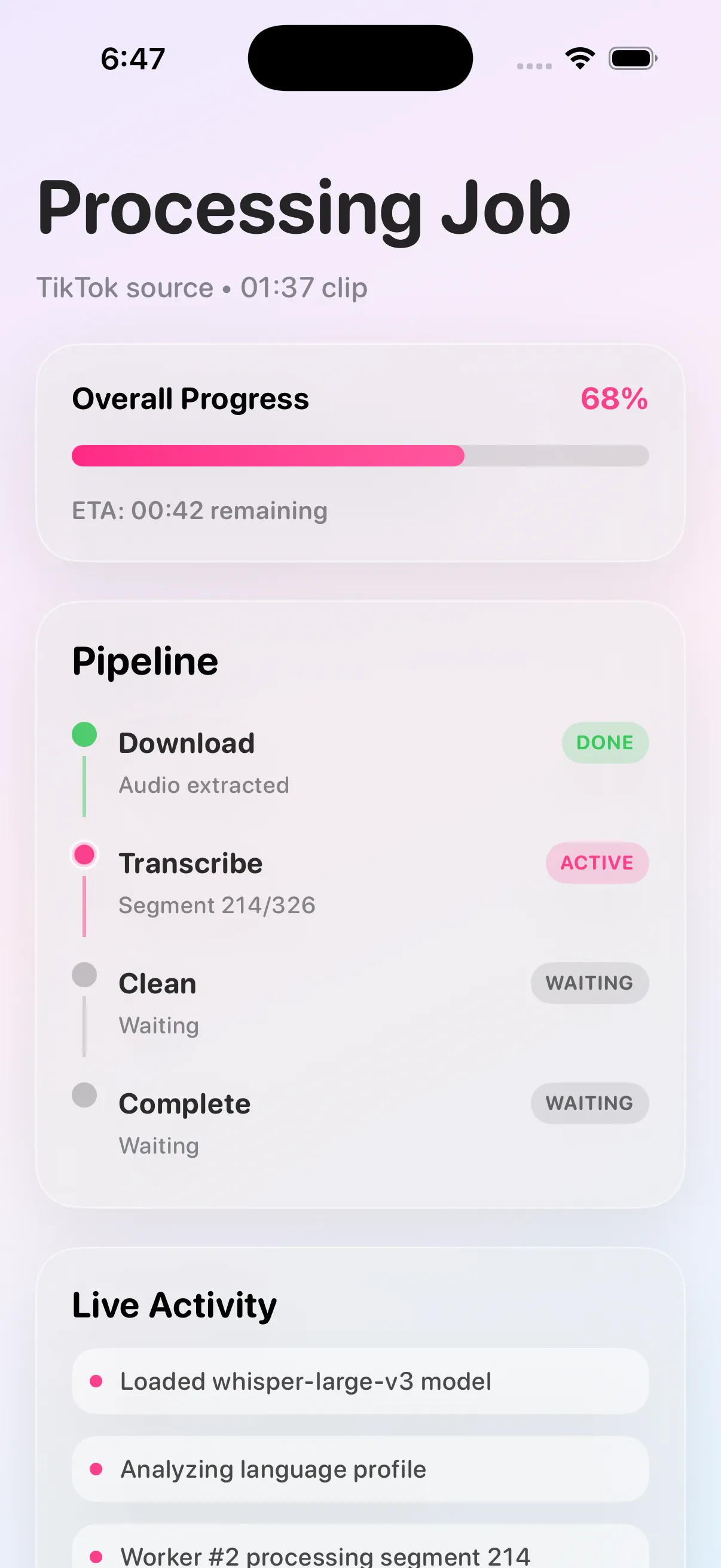 Transcribing App processing view with job progress status