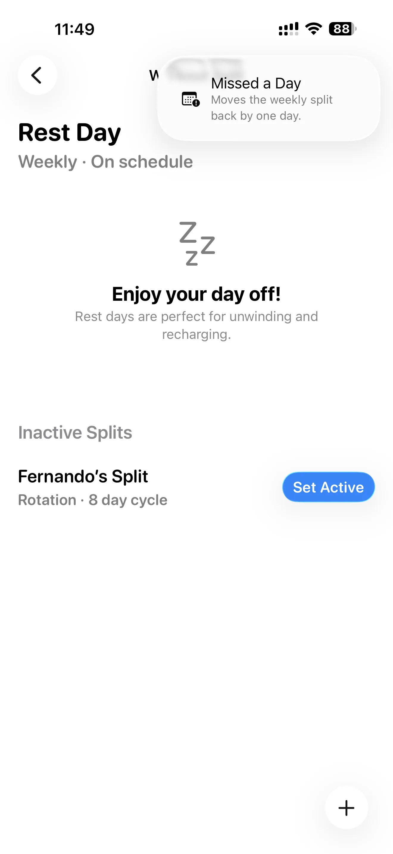 Workout split planner showing configured training days and split structure