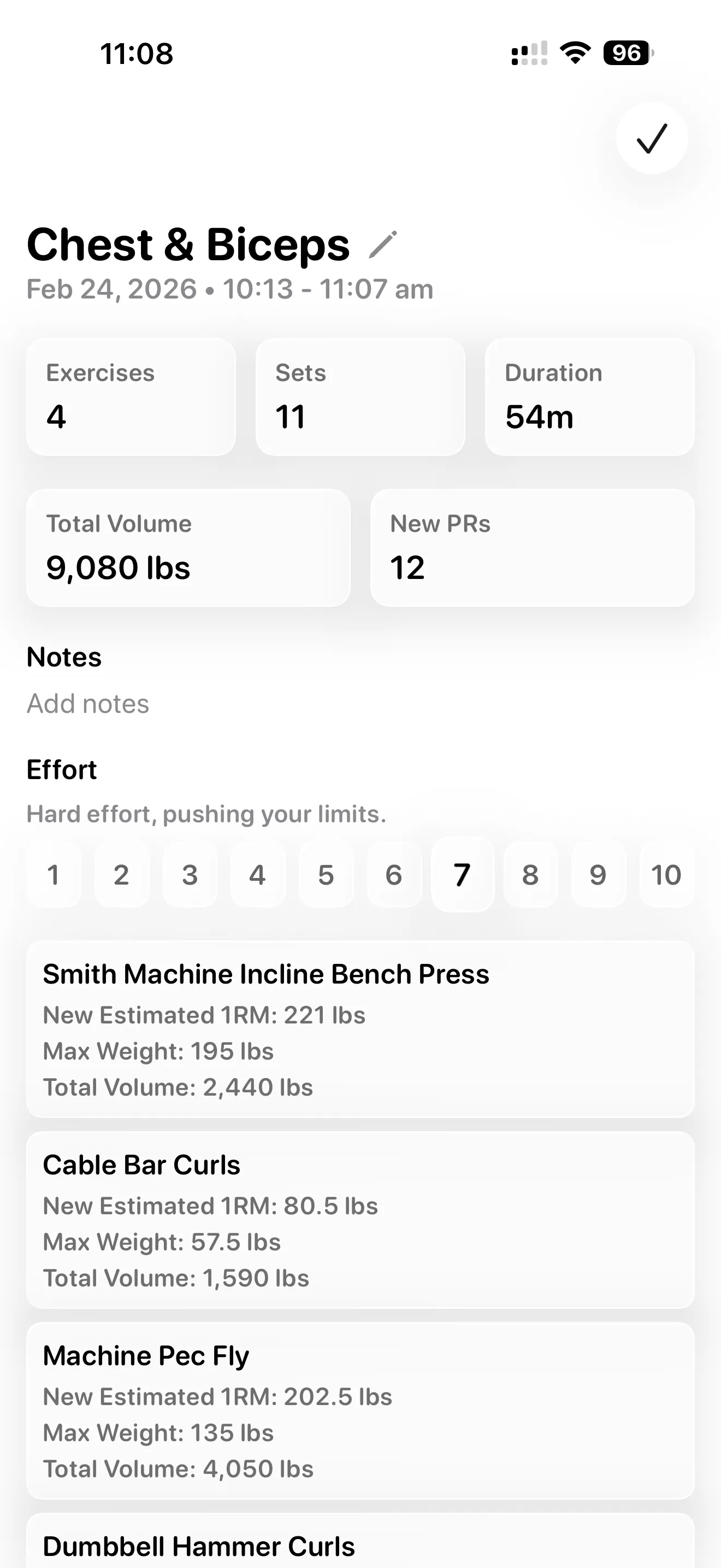 Workout summary screen with session metrics and progression insights