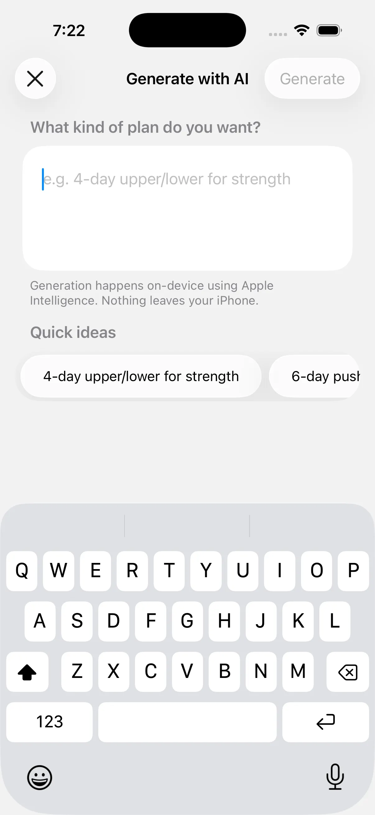AI plan builder — a full training plan generated from a single sentence