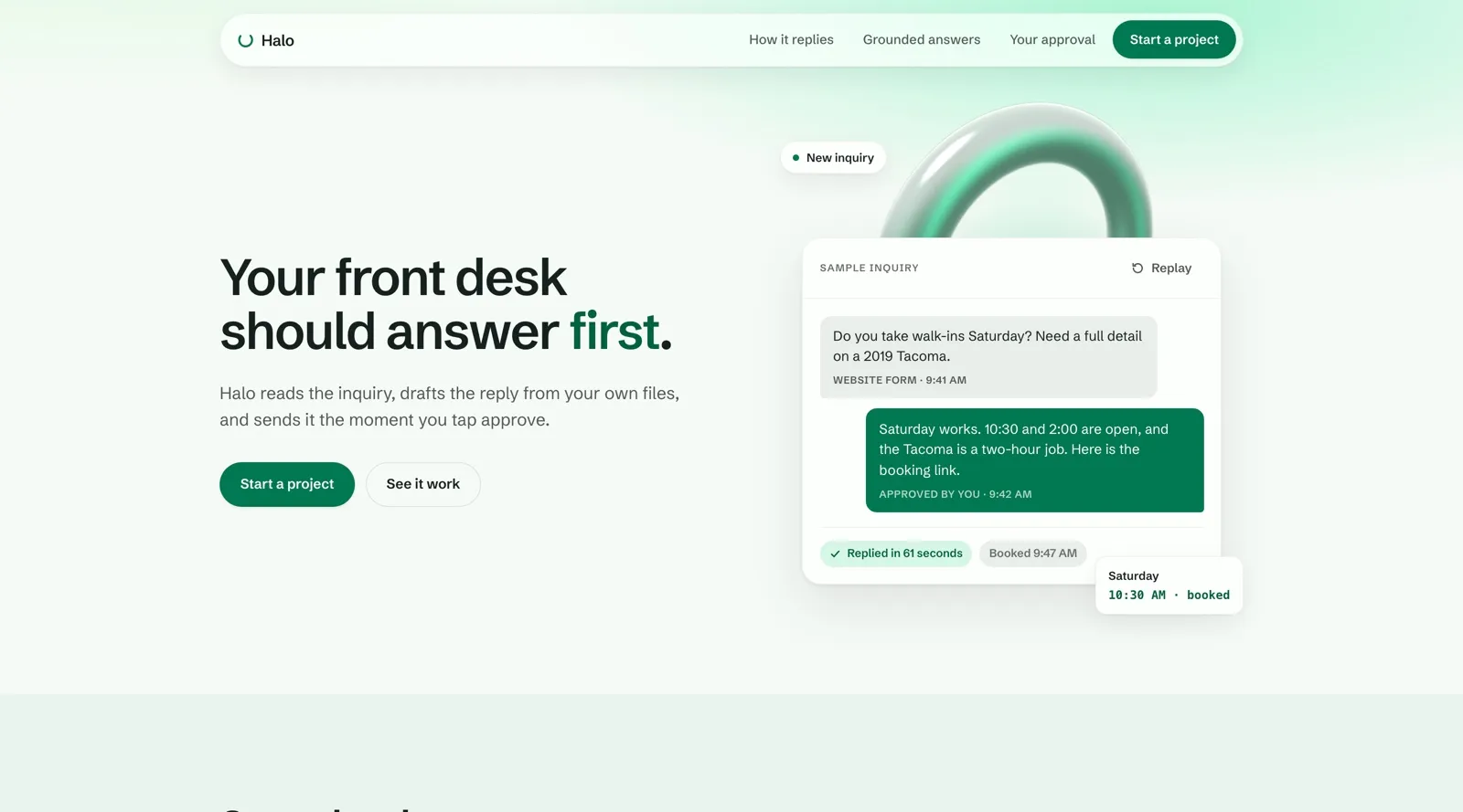 Halo, an FCT flagship website demo: a light page under a soft green wash, headed 'Your front desk should answer first', with a rendered ring behind a live panel showing a customer inquiry answered in 61 seconds.