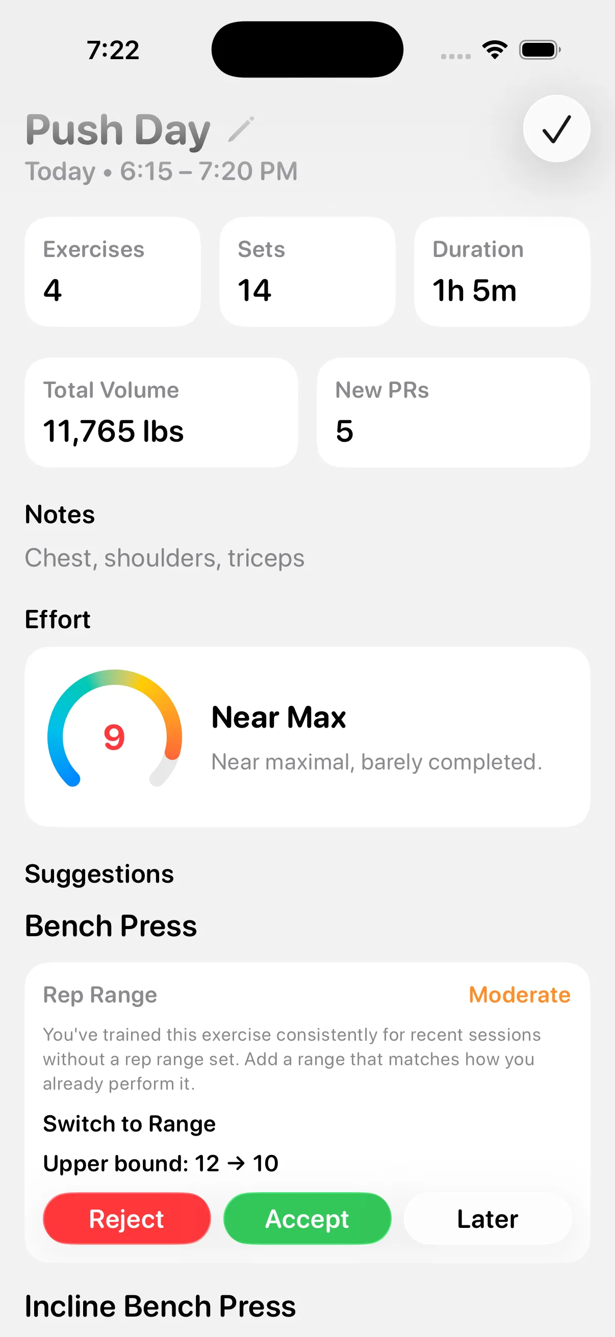 Smart set suggestions — recommended weights and reps so you progress without guessing