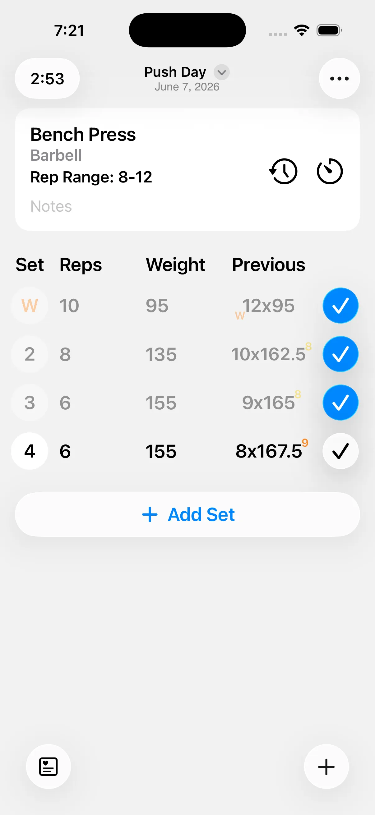Active workout logging — sets, reps, and weight with previous-session context