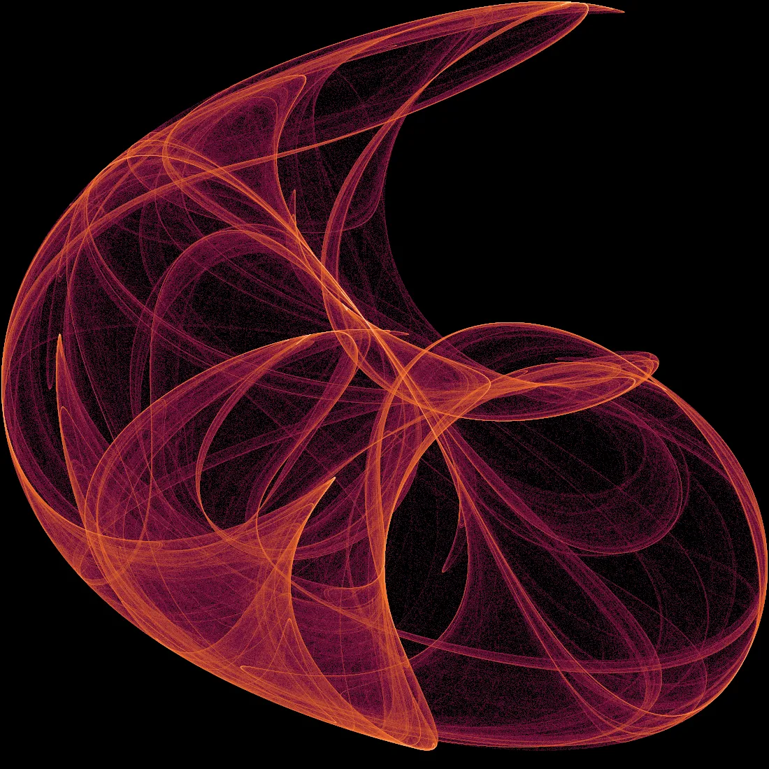 A glowing orange and deep red shape on black, like a curled ribbon of fire folded into a crescent, made of millions of fine overlapping threads.