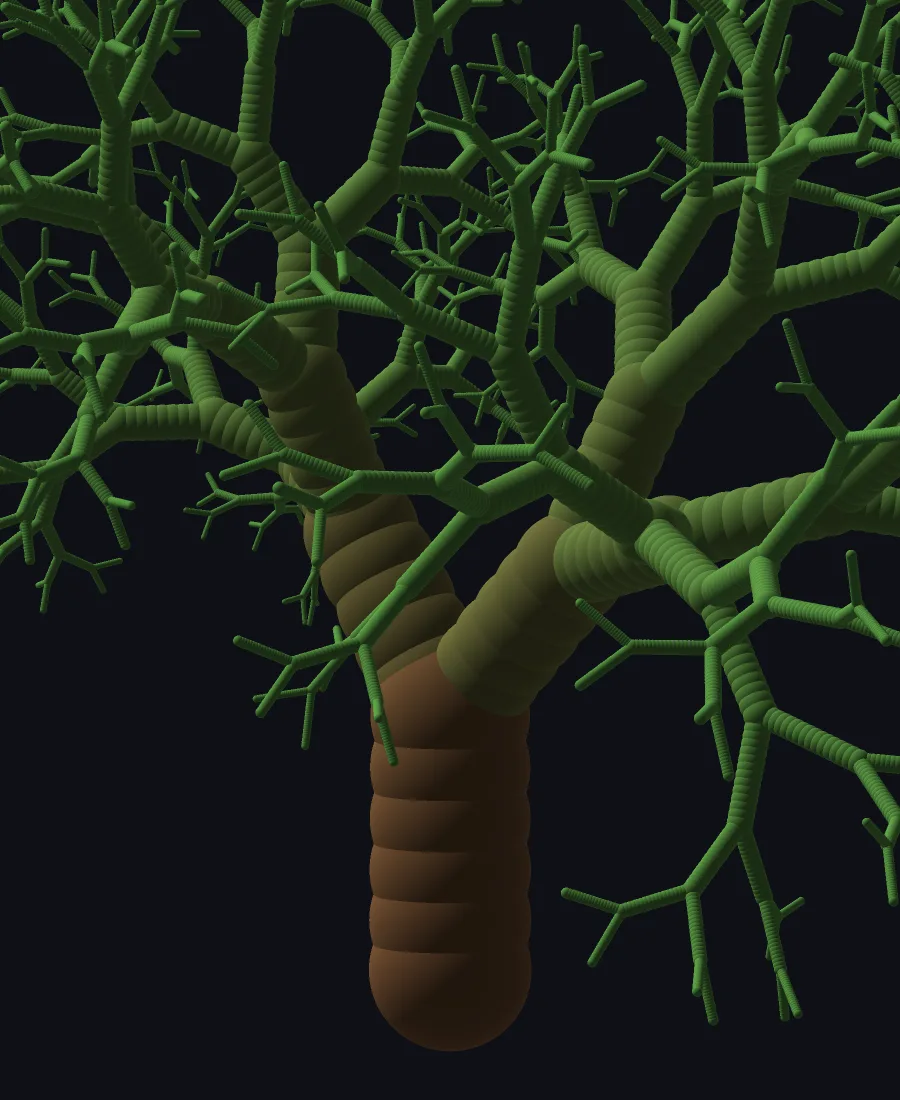 A three-dimensional rendering of a tree with the same shape as the previous one, but its branches taper quickly to thin threads.