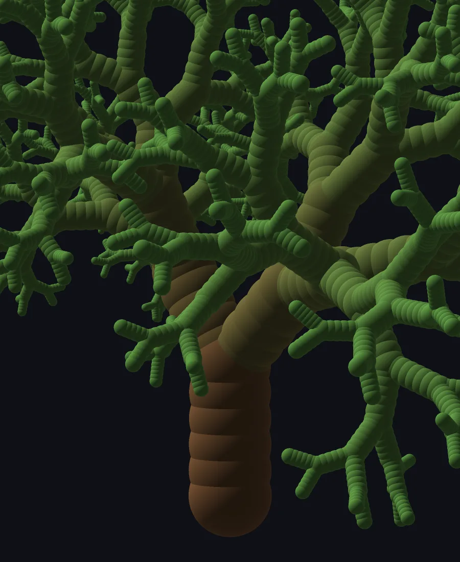 A three-dimensional rendering of a thick-trunked tree in greens and browns on black, its outer branches still substantial rather than tapering to threads.