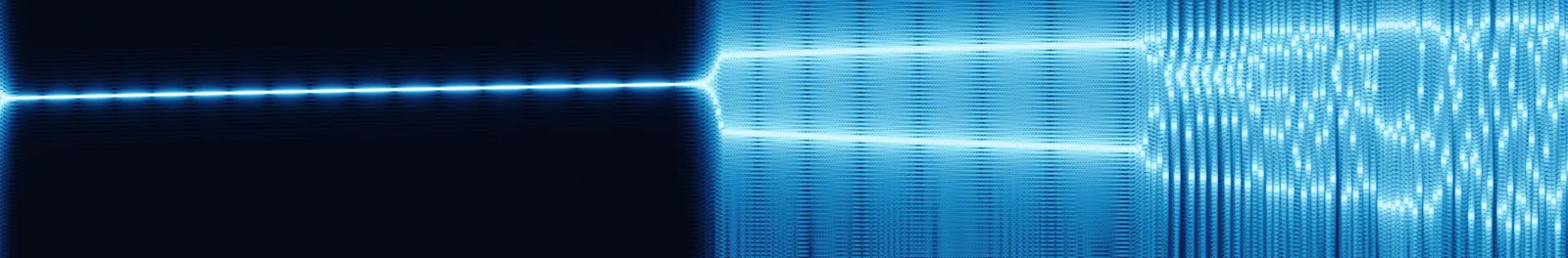 A wide blue spectrogram. A single bright horizontal line runs along the left half, splits into two lines at the middle, and the right third breaks into dense vertical striping.