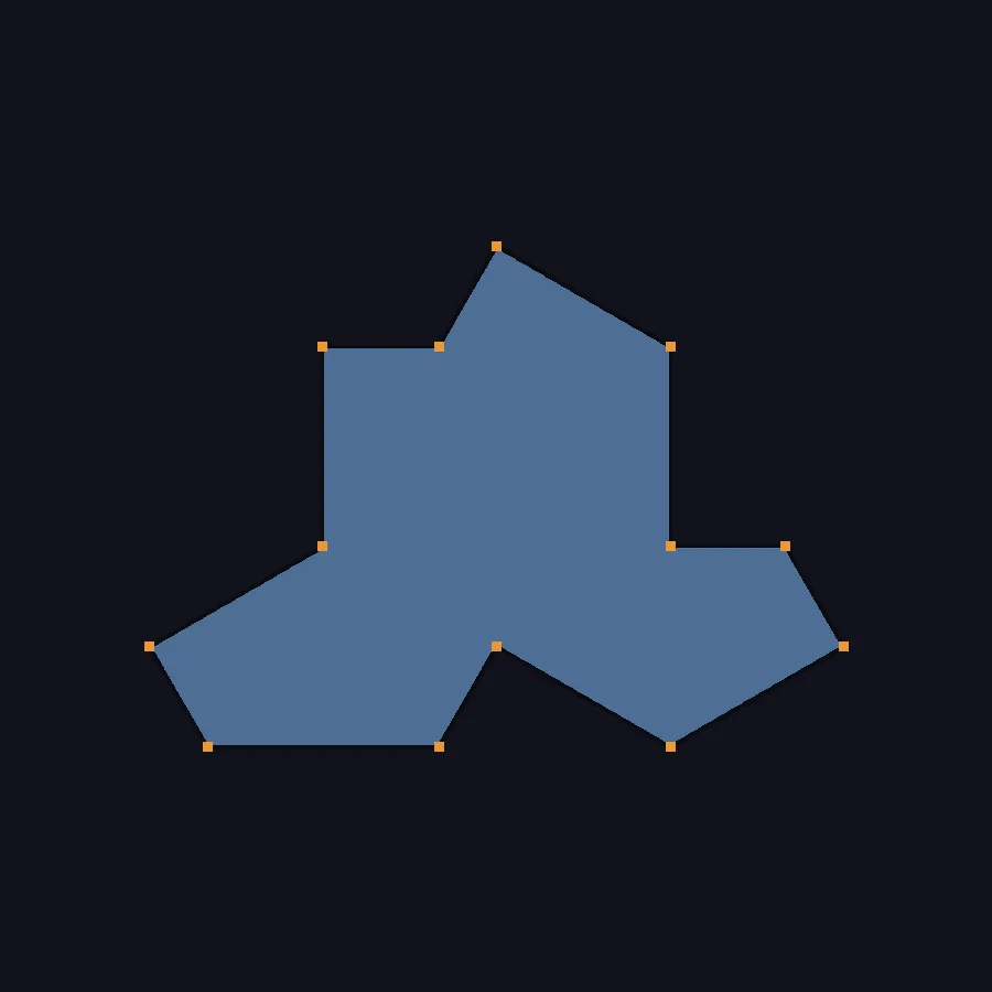 A single flat grey-blue polygon on a dark background, roughly like a wide three-lobed hat or a shirt, with thirteen small orange squares marking its corners.