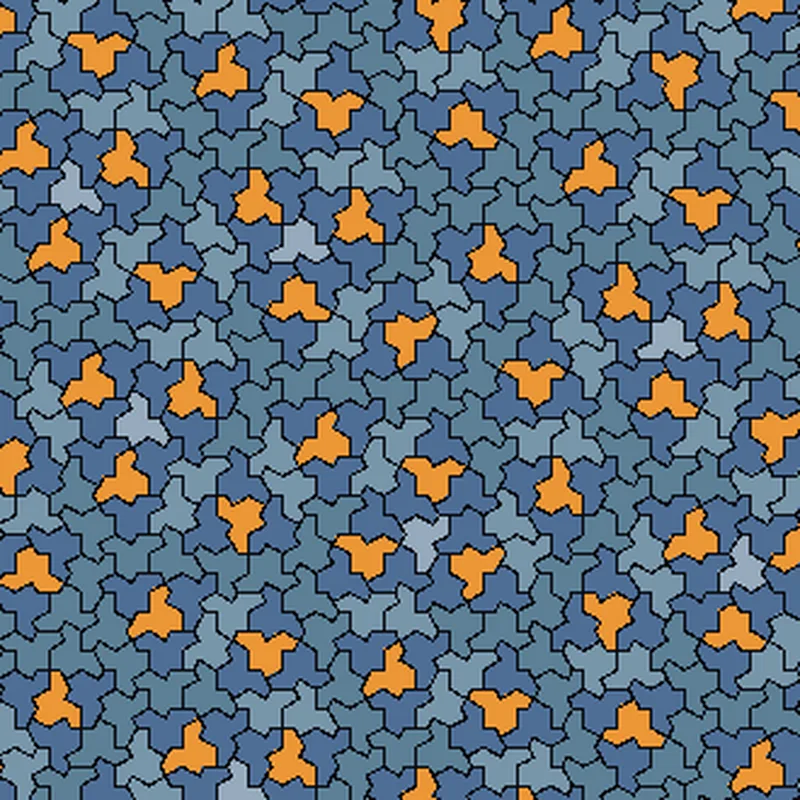 A detail of a patch of interlocking hat-shaped tiles in blue, grey and orange, covering the plane without repeating.