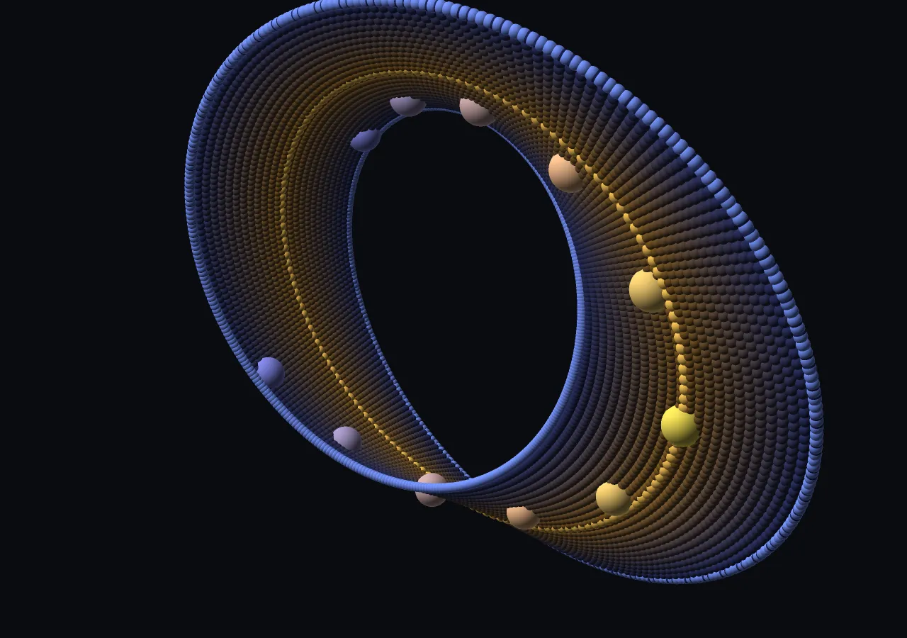 A twisted torus of orbiting points representing the space of all two-note chords.