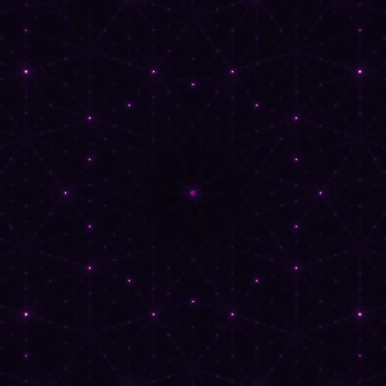 A dark field scattered with small bright magenta points of varying brightness, arranged in a ten-pointed star pattern around a bright centre, with fainter points filling the space between at every scale.