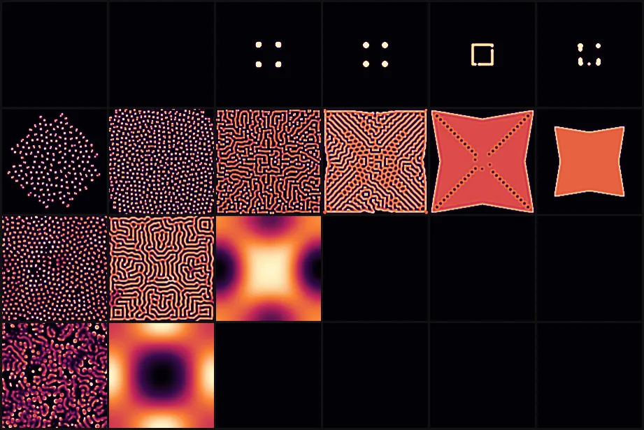 A grid of twenty-four square simulation panels on black. Panels range from empty dark squares through small clusters of dots to dense branching maze patterns in white and orange.