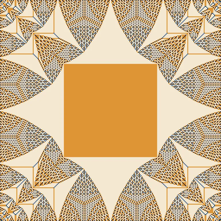 A dense fractal pattern in orange and cream, the identity element of the sandpile group at 256 by 256.