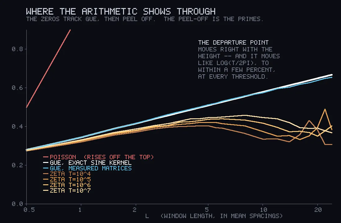 A white and blue line rising steadily, with four orange lines that follow it and then flatten below it, the lighter ones flattening later. A red line rises steeply at the top left.